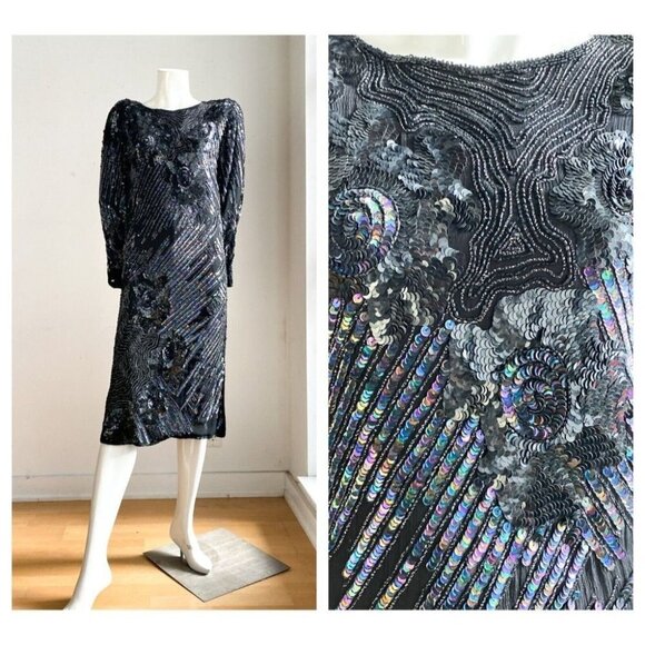 Vintage Silk Fully Beaded Geometric Floral Print Tunic  Dress S - Picture 1 of 9